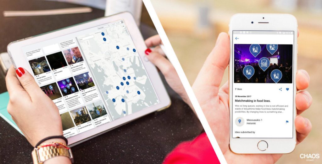 an tablet's screen and phone's screen showing citizen ideas visualised on a map